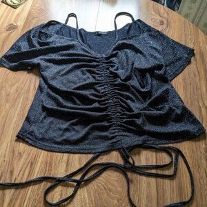 Shein 4XL women's sparkly black crop top w/v-neck, drawstrings, and ruching